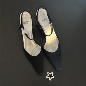 Stuart Weitzman Black Satin Square-Toe Slingback Pumps with Crystals, Size 8.5